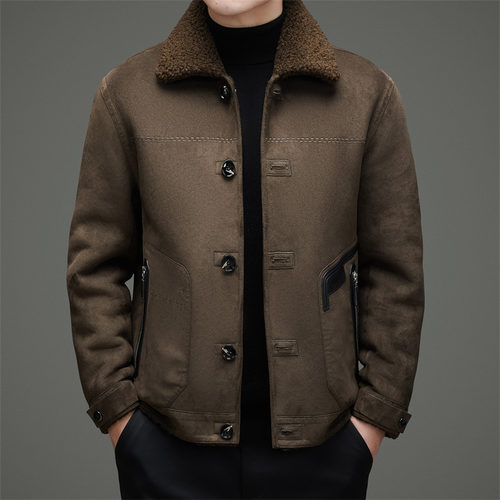 冬季两面穿翻领羊羔绒仿皮草外套