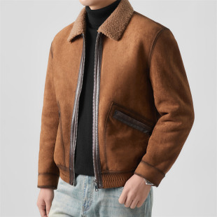 复古机车风冬季 羊糕毛加绒夹克外套 皮毛一体翻领飞行员皮衣男短款