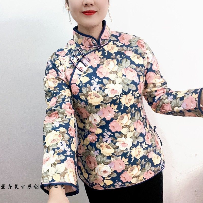 萱卉冬季棉袄复古中国风花卉印花上衣女长袖立领盘扣修身唐装外套