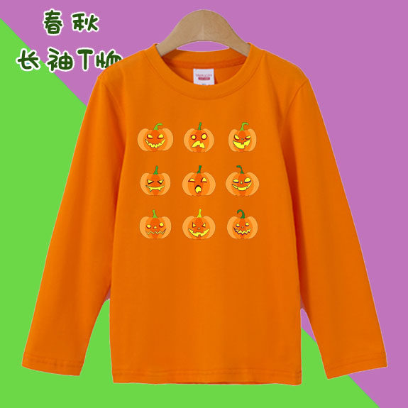 幼儿园Halloween万圣节秋季T恤男童女孩儿童装南瓜长袖男女亲子装