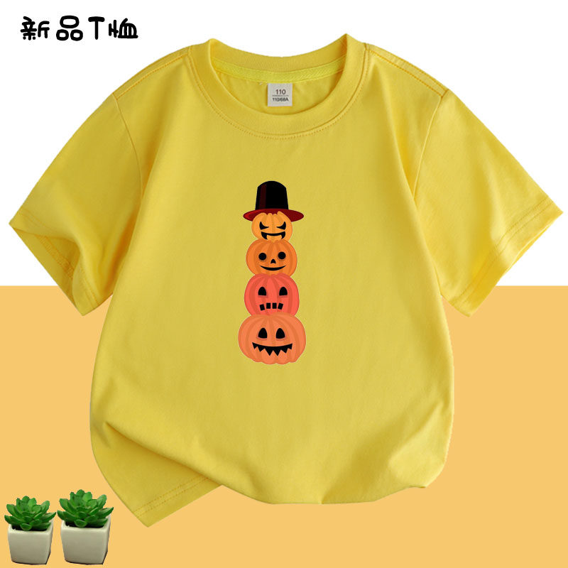 纯棉Halloween卡通万圣节前夜搞笑南瓜白色短袖T恤成人衣服儿童装