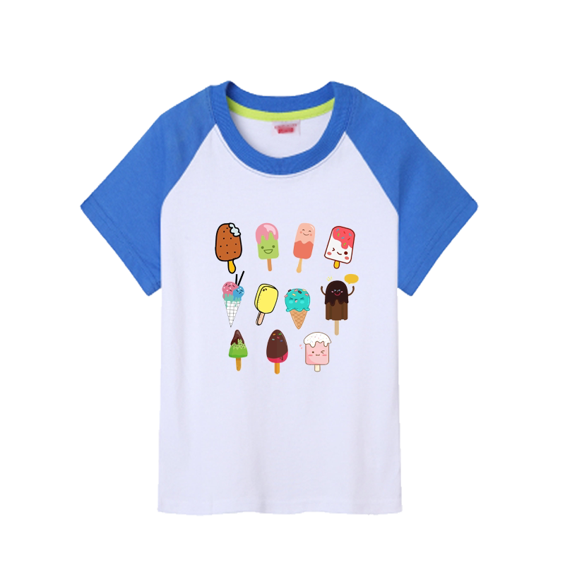 T-shirt夏季新款冰淇淋雪糕卡通印花圆领男女儿童插肩蓝短袖T恤
