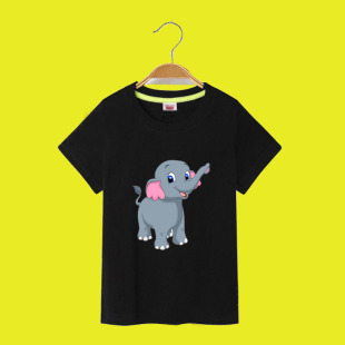 儿童短袖T恤可爱卡通大象图案男童夏装纯棉半袖女童宝宝黑色t童装