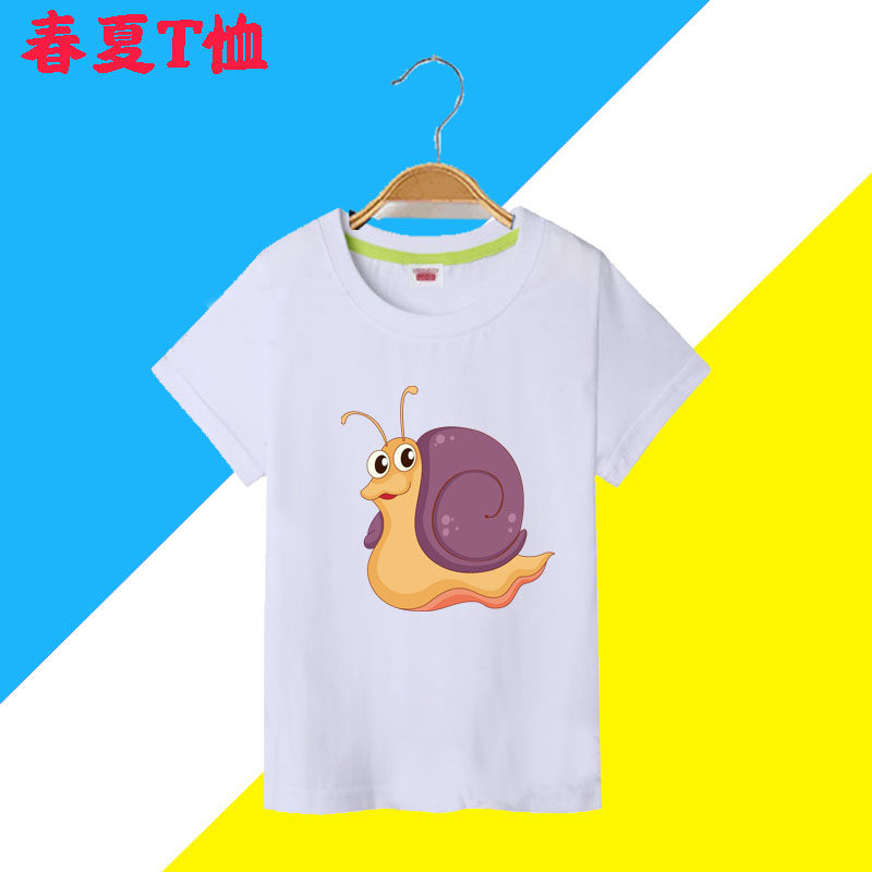图案童装蜗牛红色男童短袖t恤男童女童儿童衣服夏纯棉半袖班服6岁
