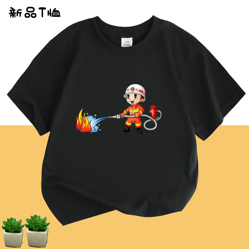 男童短袖T恤纯棉2025夏季新款消防车消防员图案儿童衣服宝宝半袖