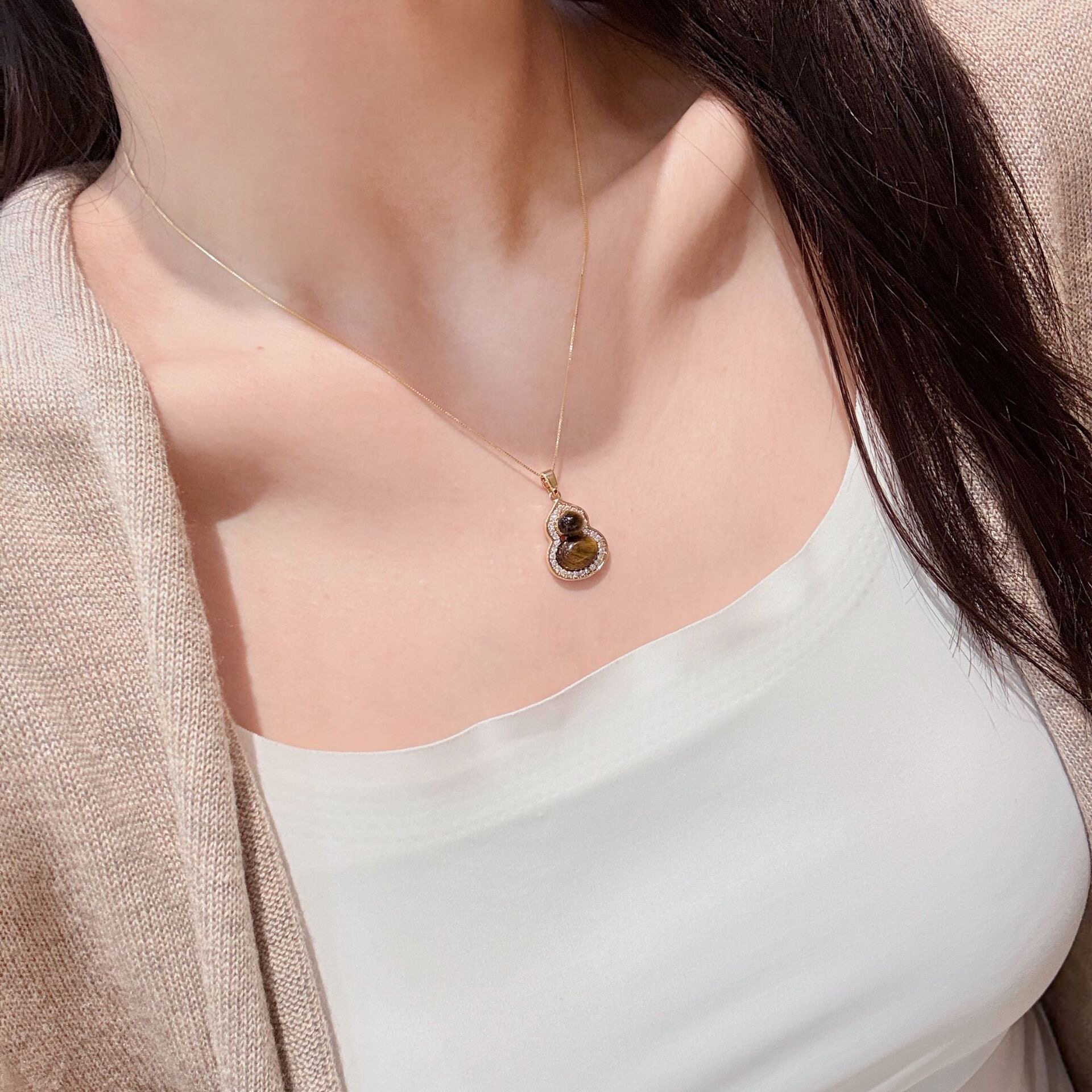 s925纯银盒子链天然虎眼石满钻葫芦项链女精致中式美拉德风锁骨链