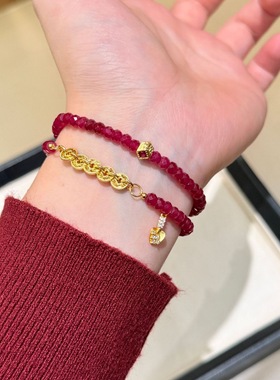 2026新款s925纯银红宝石五连铜钱手串女精致高级感显白手饰本命年