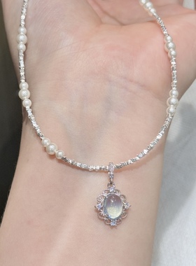 26新款天然海蓝宝通体s925纯银碎银珍珠项链女轻奢小众高级锁骨链