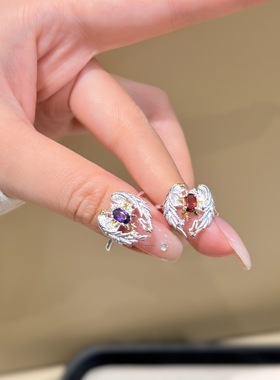 2026新款天然石榴石紫水晶天使羽翼戒指女个性小众时尚百搭食指戒