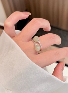 s925纯银晴水和田玉缠绕麻花双珠戒指女小众温柔新中式高级感指环