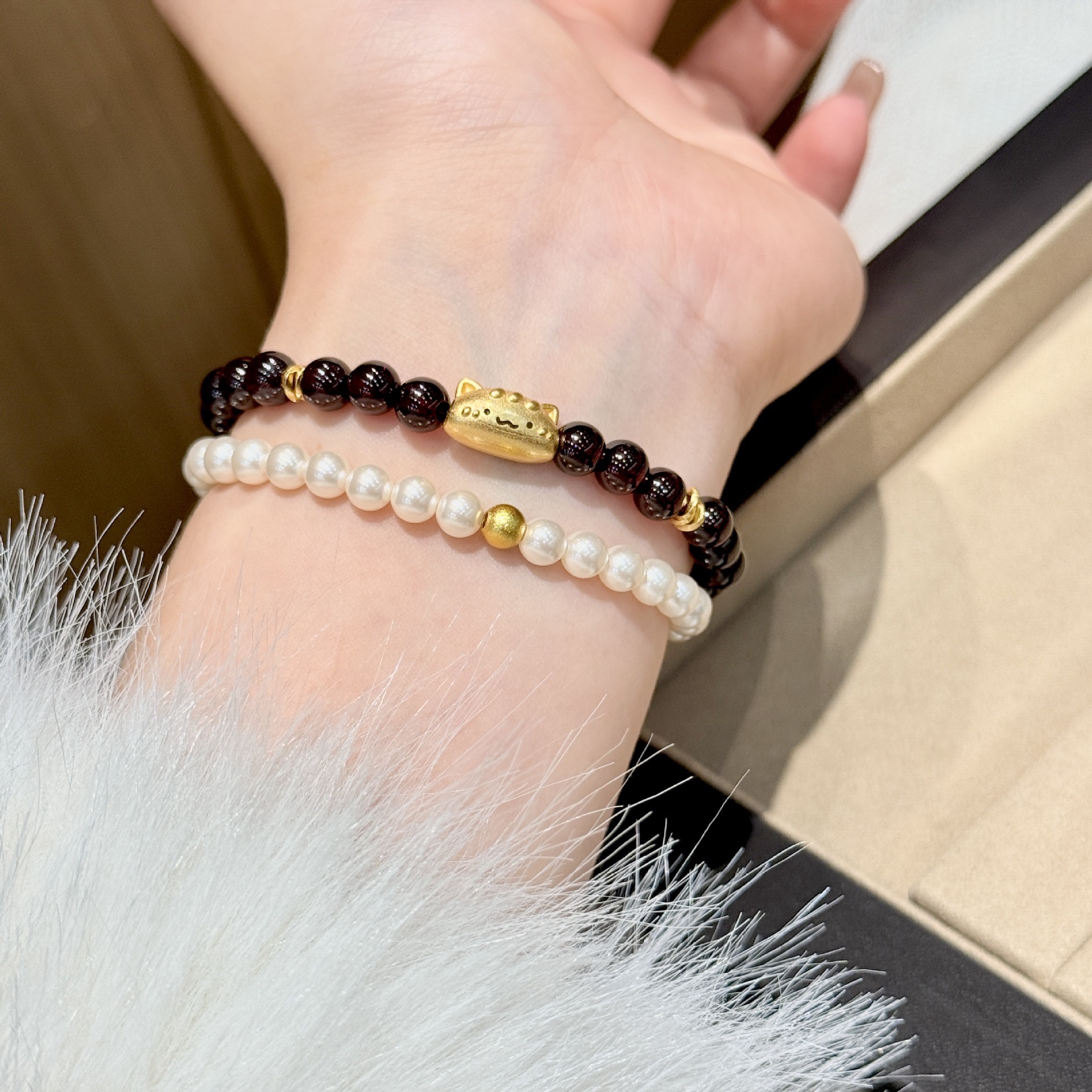 s925银纯天然石榴石手串可爱法棍猫手链女串珠