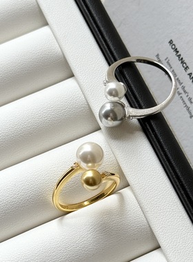 2026新款s925纯银施家珍珠混彩双珠戴妃戒指女时尚个性精致开口