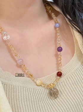 25新款天然黄塔晶拼多宝彩色水晶项链女高级轻奢白水晶吊坠毛衣链