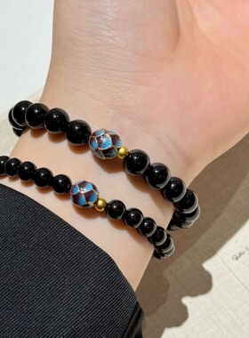 天然黑曜石手串莲花珠手链男女情侣款黑色串珠转运招财