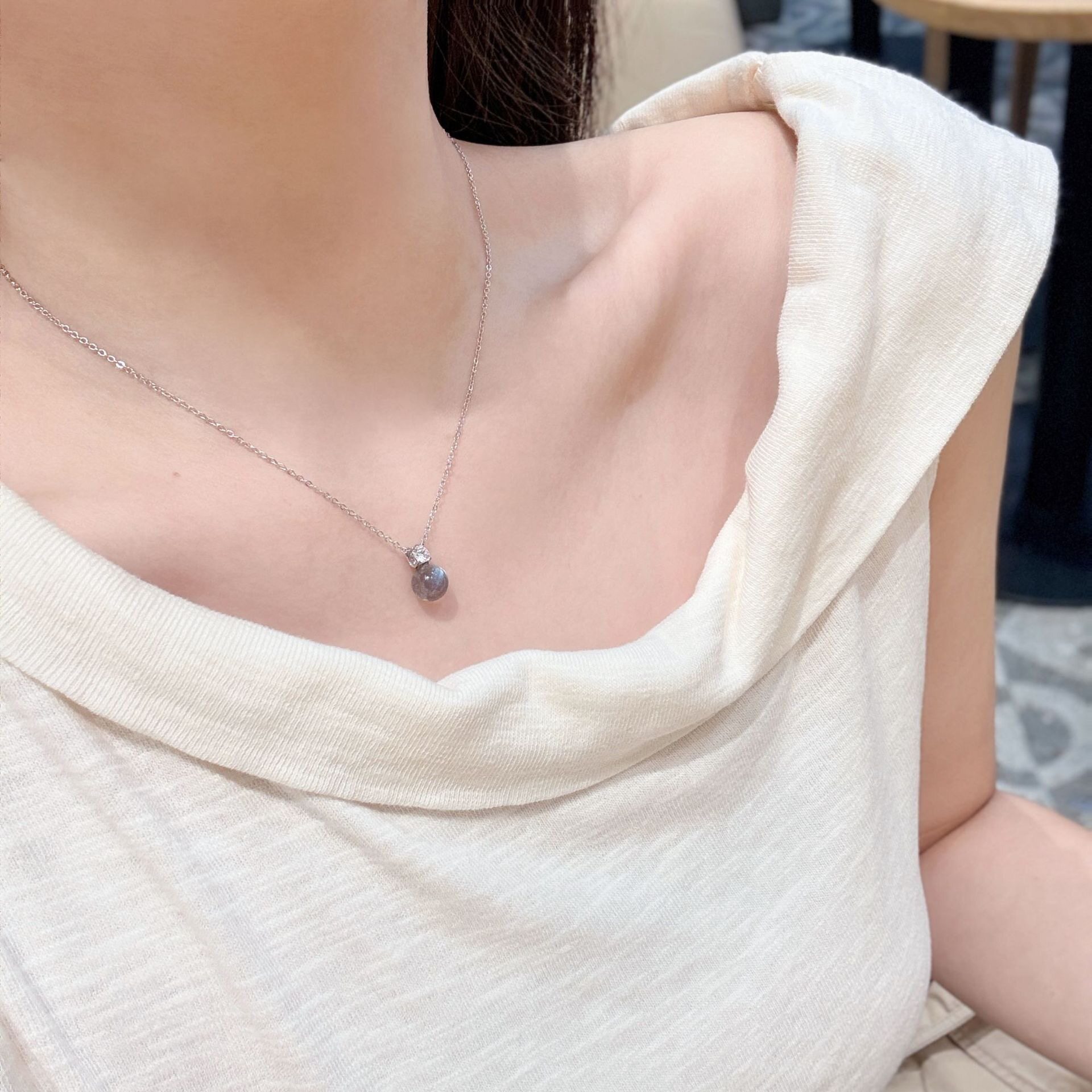 s925纯银天然灰月光石戴妃项链女轻奢风优雅百搭小众ins风锁骨链