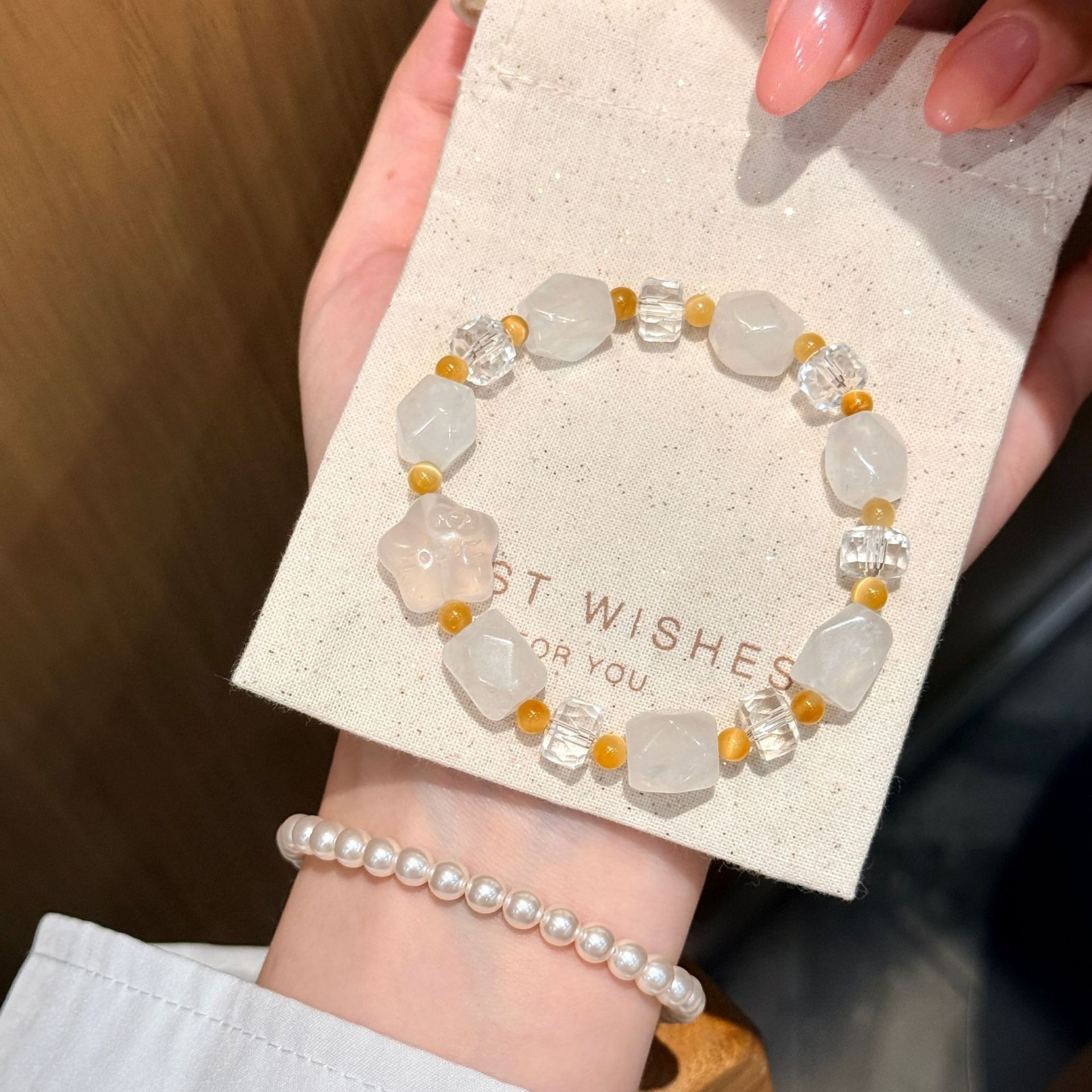天然白水晶金虎眼不规则粉晶星星手链女小众温柔仙女风弹力绳手串