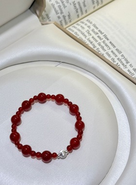 2026新款s925纯银大小天然红玛瑙拉丝猫眼手串女新年本命红色手饰