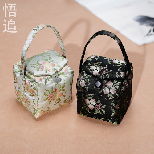 桃纹布艺织锦收纳包旅行便携手提茶艺包盖碗茶壶茶杯收纳袋茶事包