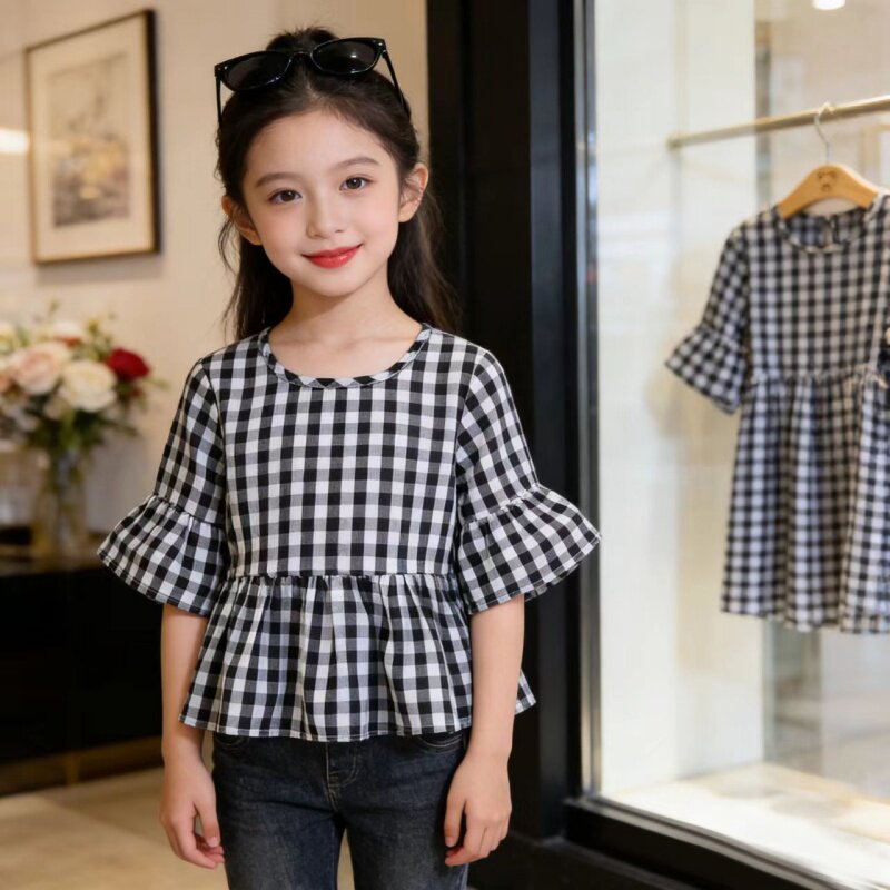 夏季儿童短袖2026t恤薄款女童夏装宝宝上衣格子短袖衣服潮流公主