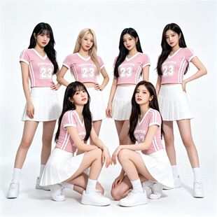 女团风粉色V领短袖啦啦队服女套装性感足球宝贝演出服学生运动会