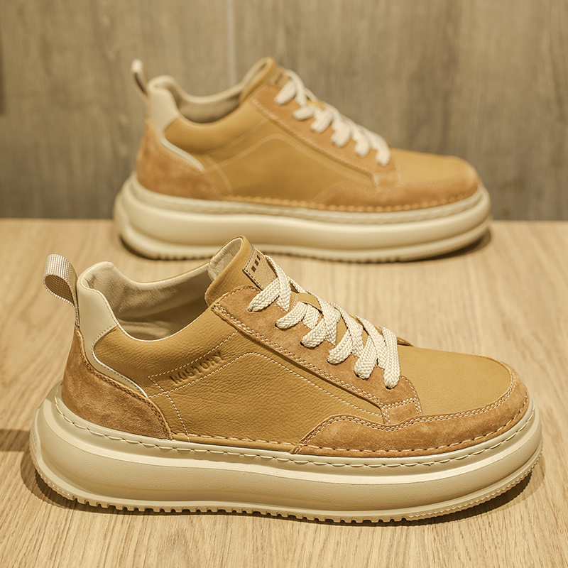 男鞋秋季厚底休闲板鞋男款复古真皮工装运动增高潮鞋冬天鞋子软底
