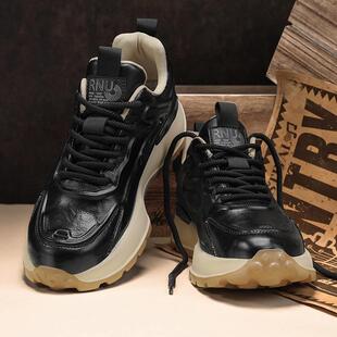 男鞋潮牌高级感黑色皮面老爹鞋男士厚底增高运动复古鞋子秋冬跑步