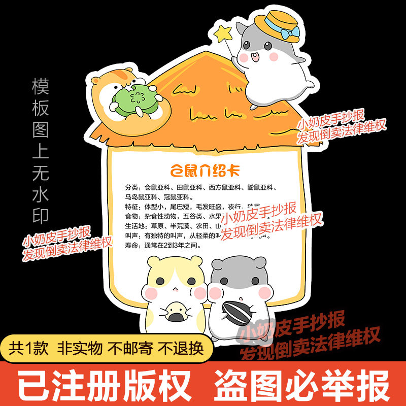 动物仓鼠名片介绍趣味卡片手抄报小报模板电子版半成品黑白线稿