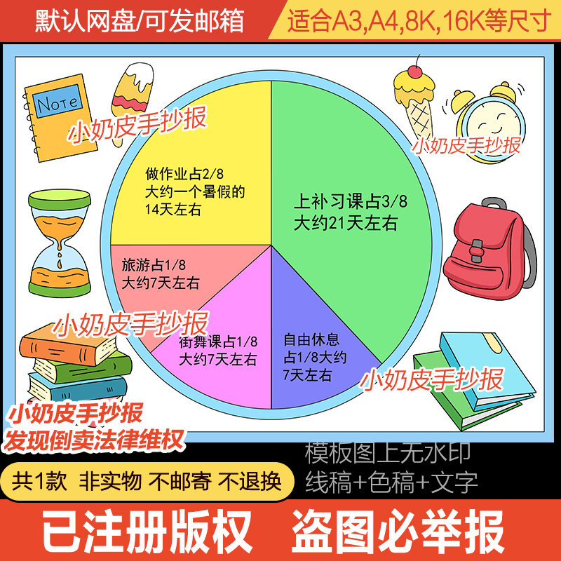 寒假暑假几分之几手抄报数学分数几等份小报模板绘画电子版半成品