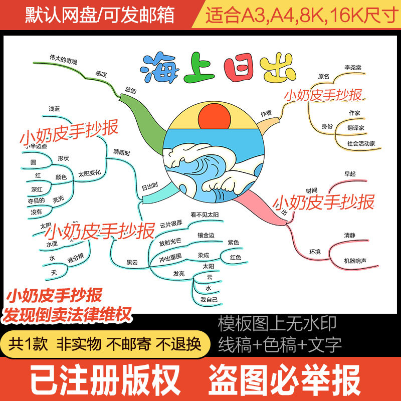 巴金海上日出思维导图模板电子版四年级语文手抄报轮廓图黑线稿