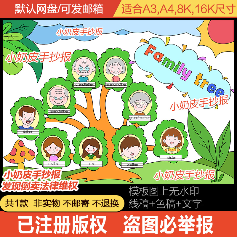 英语family tree家庭树思维导图手抄报小报模板电子版黑白线涂色