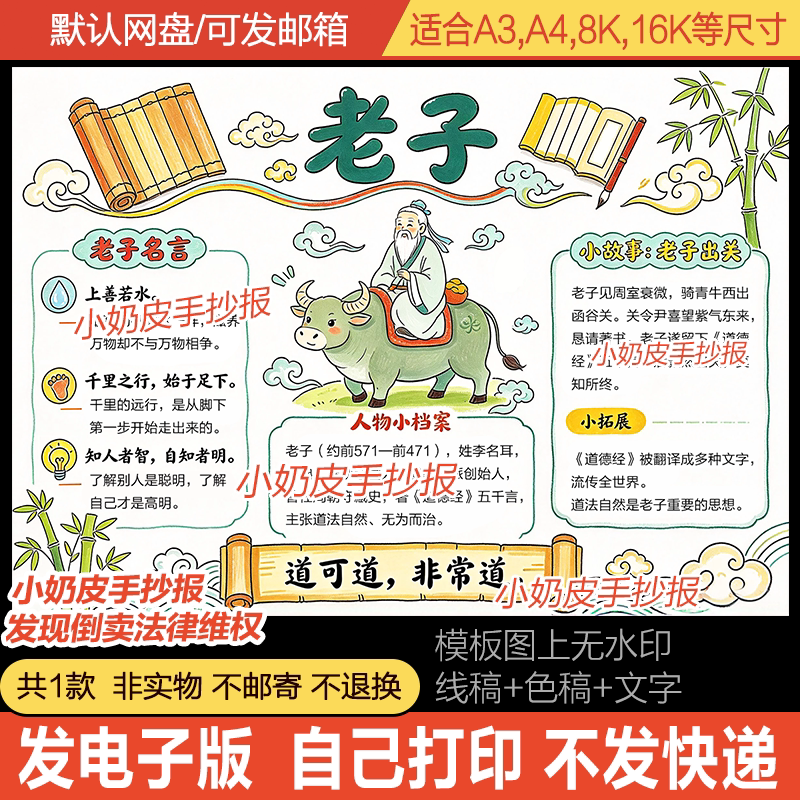 古代历史人物老子手抄报人物卡小报模板电子版黑白线稿半成品