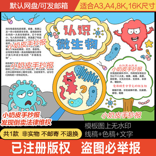 认识微生物手抄报模板电子版半成品科学小报黑白线稿涂色填色