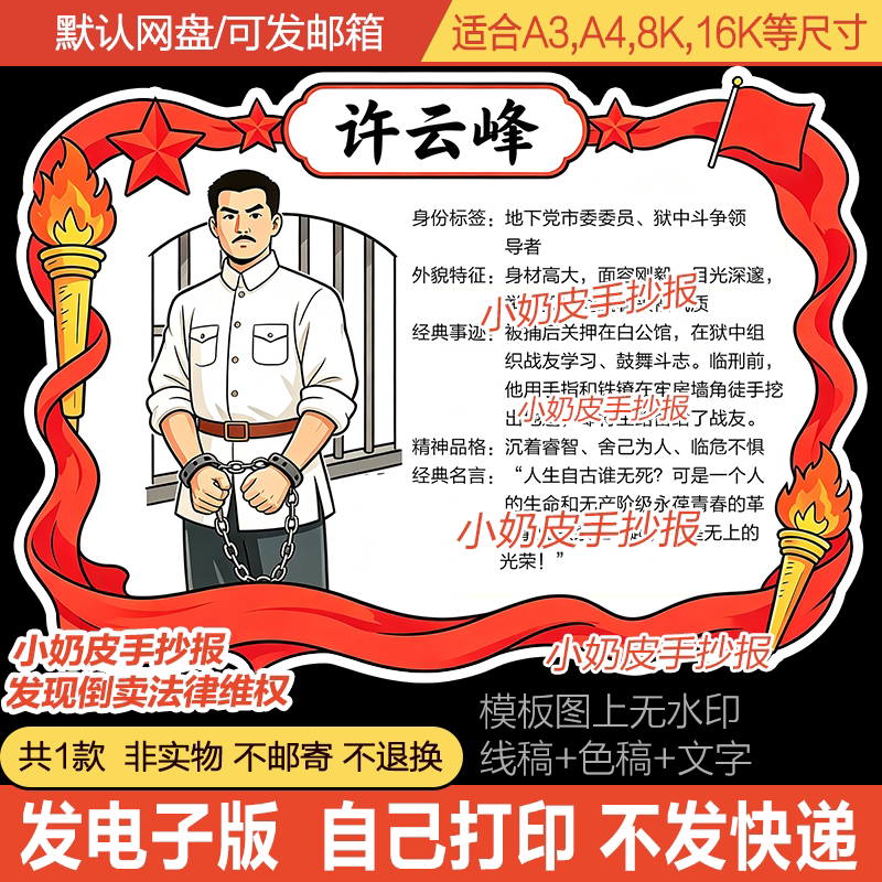 红岩许云峰人物卡红岩红色革命英雄许云峰人物档案设计模板电子版