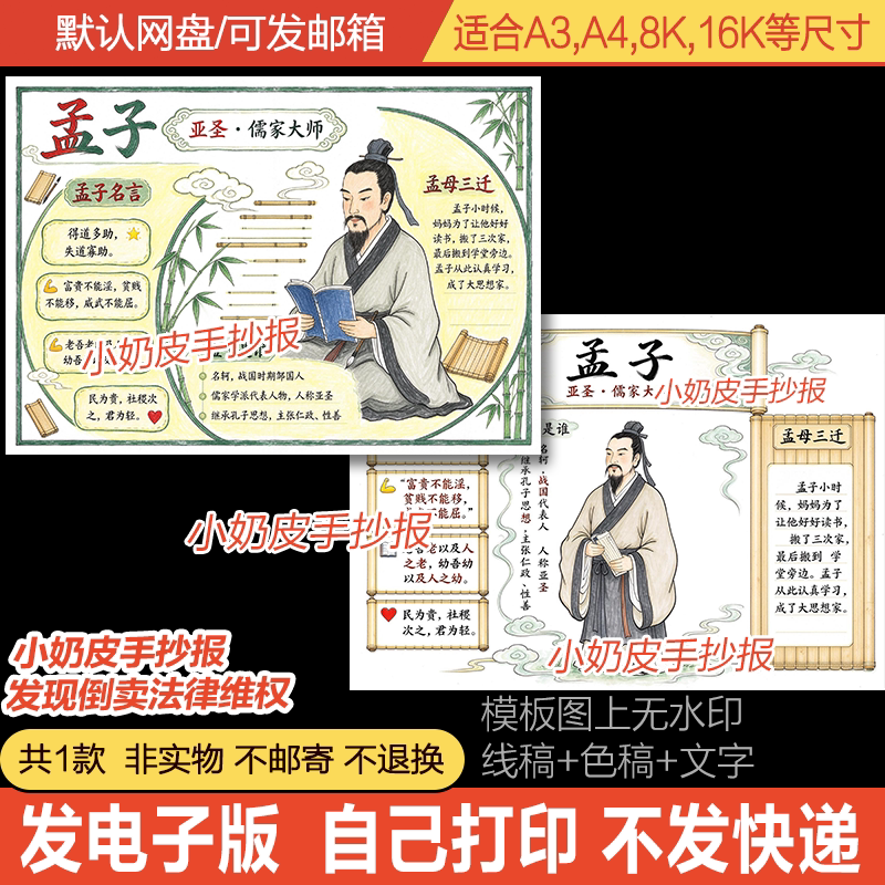 古代历史人物孟子手抄报孟郊人物卡小报模板电子版黑白线稿半成品