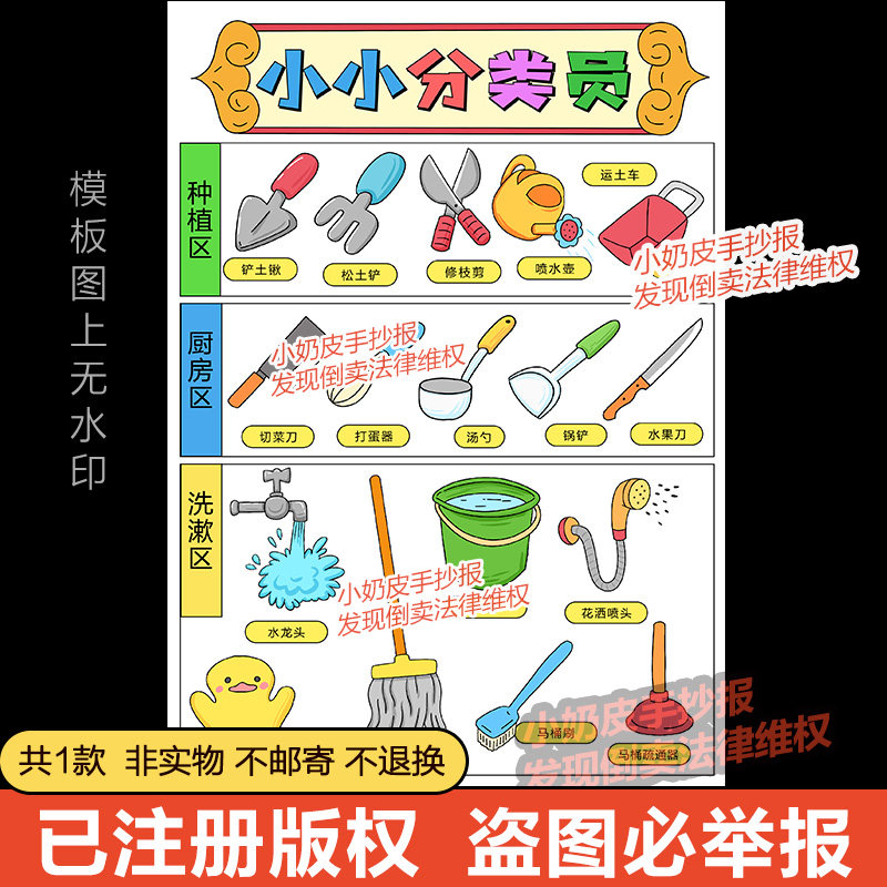 小小分类员劳动工具分类手抄报小报模板电子版黑白线稿涂色填色