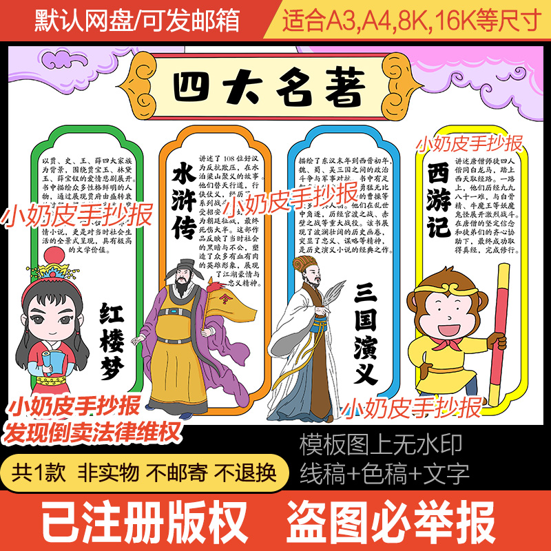 四大名著手抄报西游记三国演义红楼梦水浒传小报模板电子版黑线稿