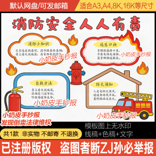 消防安全人人有责手抄报电子版消防知识科谱小报模板黑白线半成品