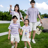一家三口四口全家福套装 亲子装 潮母女条纹连衣裙子夏 夏装 2025新款