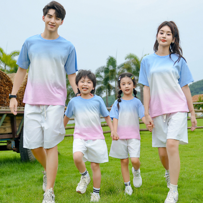 幼儿园班服亲子装夏装家庭套装 一家三口四口渐变t恤母女母子装夏
