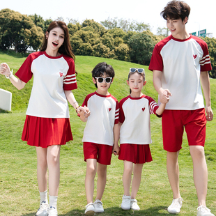 亲子装夏装一家三口海滩短袖t恤 四口家庭套装运动活动团体班服夏