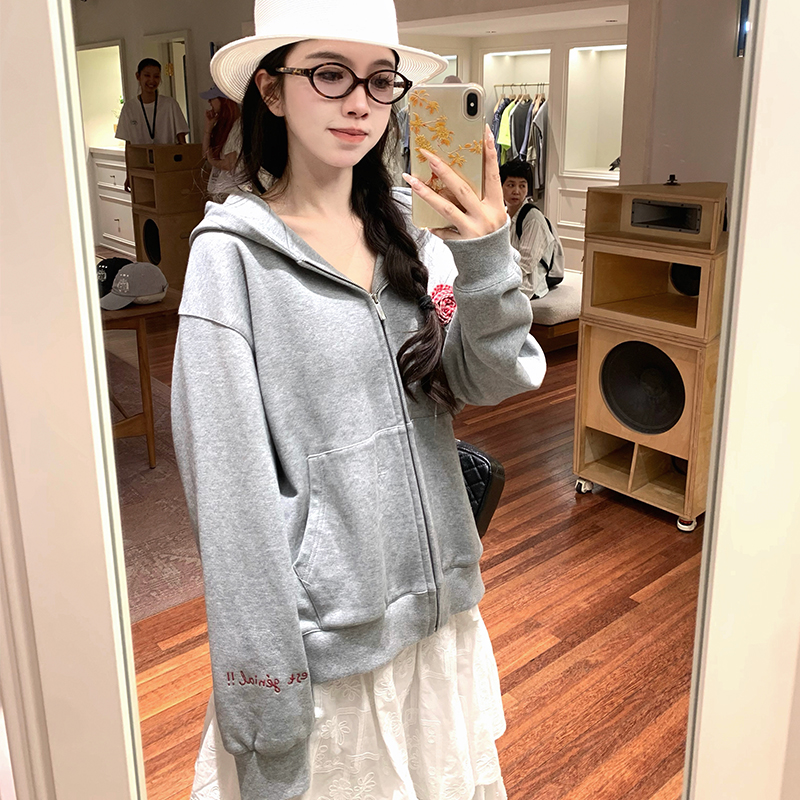 渔小平 能量卫衣 重磅刺绣宽松连帽大卫衣外套女秋季休闲复古上衣