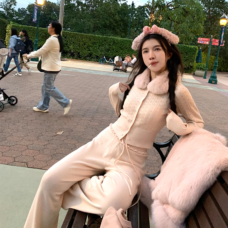 渔小平 獭兔毛衣套组 娃娃领减龄万金油羊毛针织开衫+阔腿裤套装