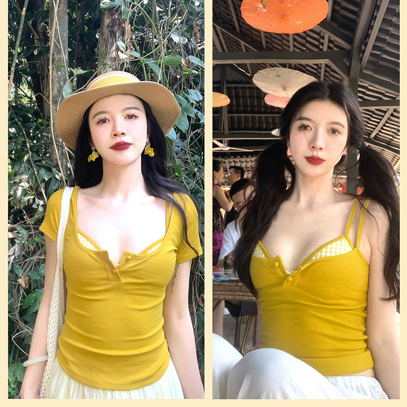 渔小平 升杯噜 纯欲短袖T恤胸衣独特绝美吊带背心女内搭无袖上衣