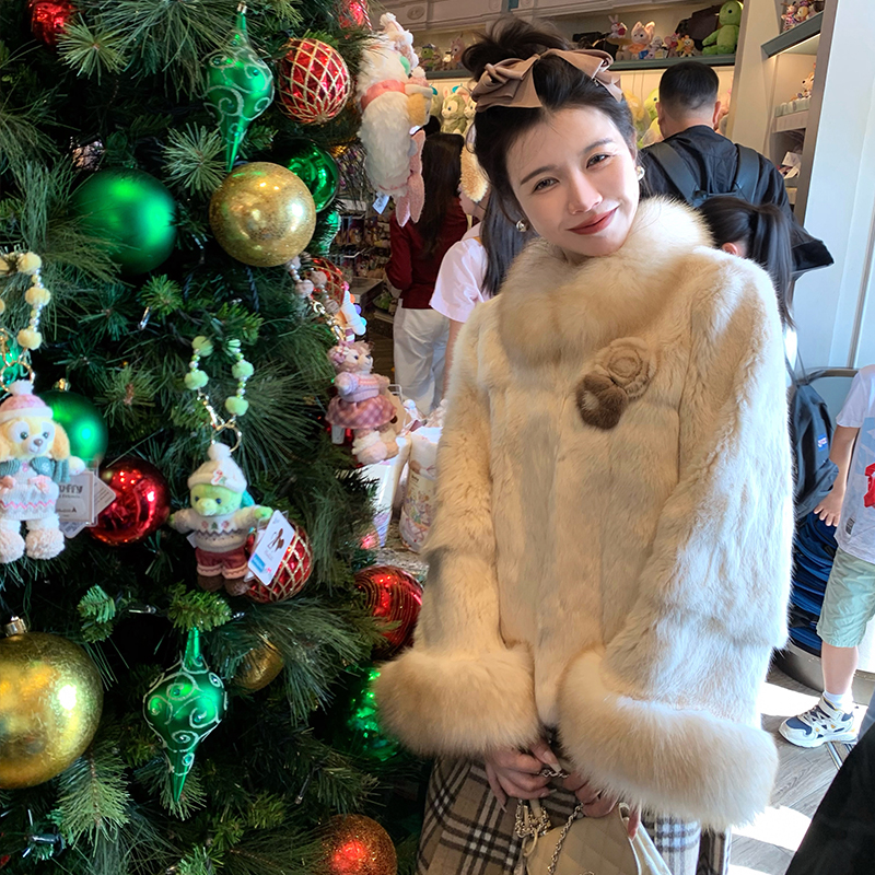 渔小平 垂丝兔兔 兔毛加狐狸毛皮草外套女秋冬时尚年轻款毛毛外套