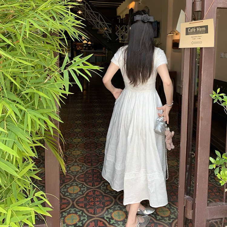 渔小平 亚麻钩花刺绣收腰绝美气质连衣裙女神范裙子女小众设计感