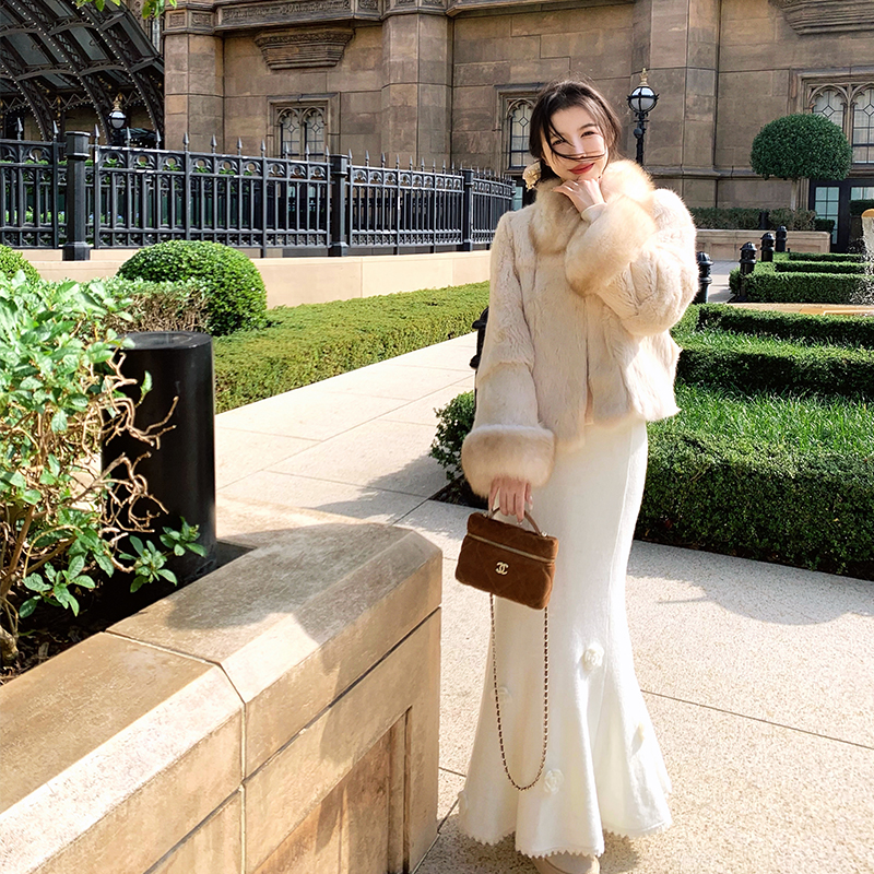 渔小平 人鱼 羊毛针织加绒弹力花朵半身裙2025秋冬新款鱼尾裙长裙