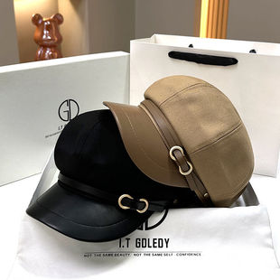 英伦风雅痞画家帽秋冬季女款休闲显脸小鸭舌八角帽皮帽檐带扣帽子