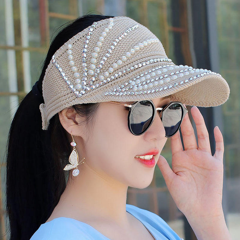 时尚空顶帽女夏户外遮阳帽透气防晒帽马尾帽珍珠水钻针织鸭舌帽子