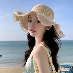 新款蕾丝草帽女春夏季百搭旅行遮阳帽子网红海边度假防晒太阳帽潮