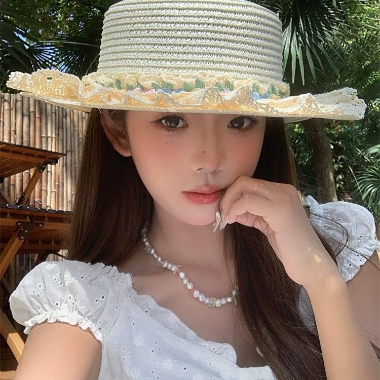 拍照帽子女春夏季蕾丝花边草帽户外旅游防晒遮阳帽海边沙滩太阳帽